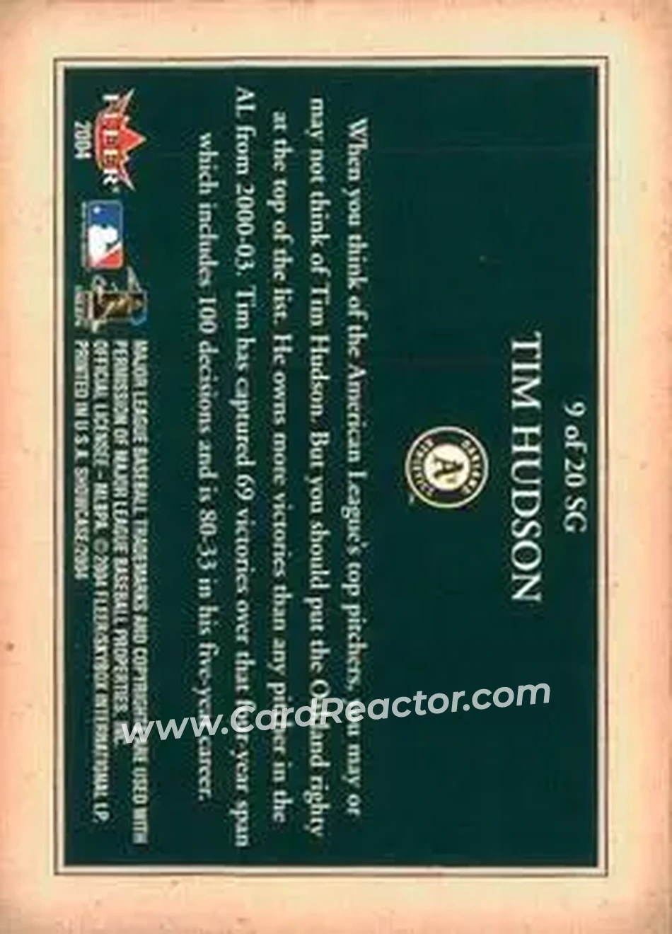 2004 Fleer Showcase - Showcase Grace #9 SG - Tim Hudson - Oakland Athletics - Back