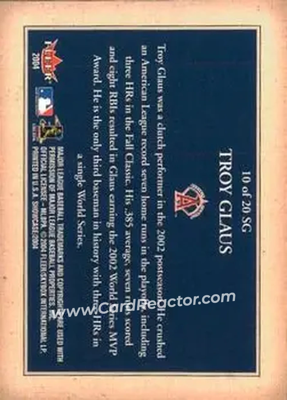 2004 Fleer Showcase - Showcase Grace #10 SG - Troy Glaus - Anaheim Angels - Back 2004 Fleer Showcase - Showcase Grace #10 SG - Troy Glaus - Anaheim Angels - Back