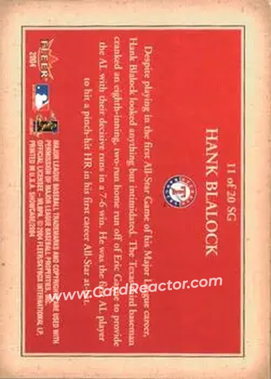 2004 Fleer Showcase - Showcase Grace #11 SG - Hank Blalock - Texas Rangers - Back 2004 Fleer Showcase - Showcase Grace #11 SG - Hank Blalock - Texas Rangers - Back
