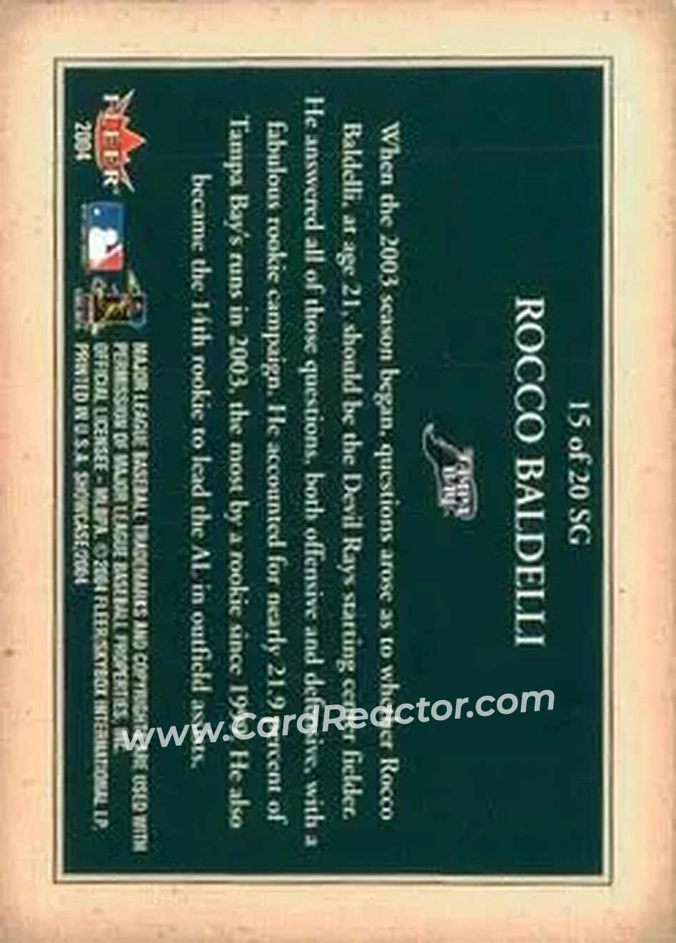 2004 Fleer Showcase - Showcase Grace #15 SG - Rocco Baldelli - Tampa Bay Devil Rays - Back