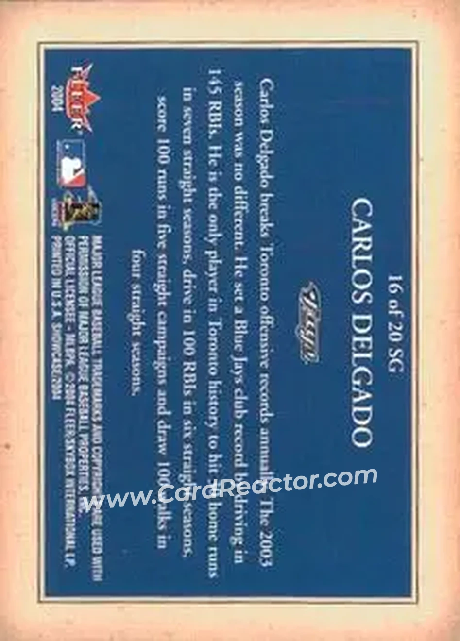 2004 Fleer Showcase - Showcase Grace #16 SG - Carlos Delgado - Toronto Blue Jays - Back