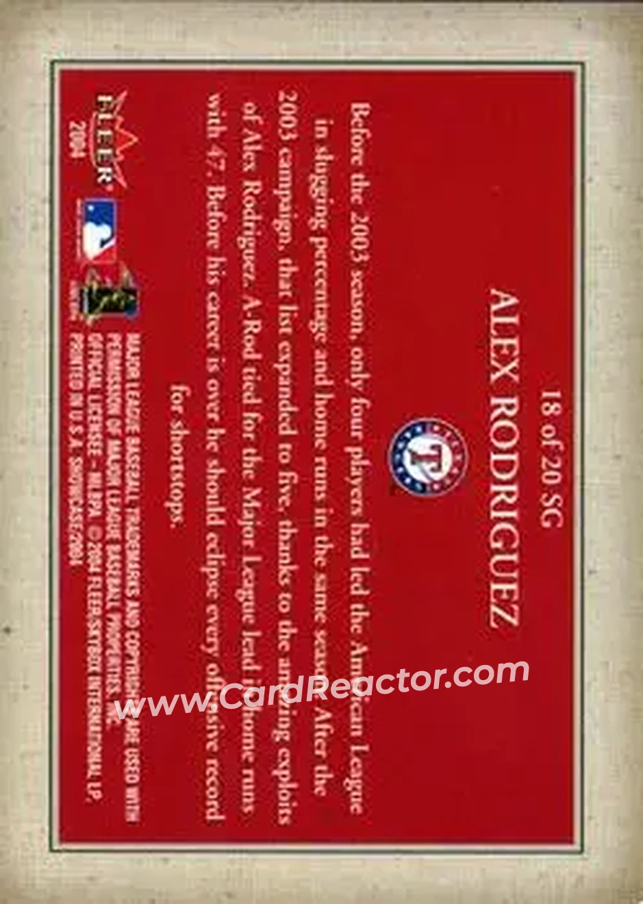 2004 Fleer Showcase - Showcase Grace #18 SG - Alex Rodriguez - Texas Rangers - Back