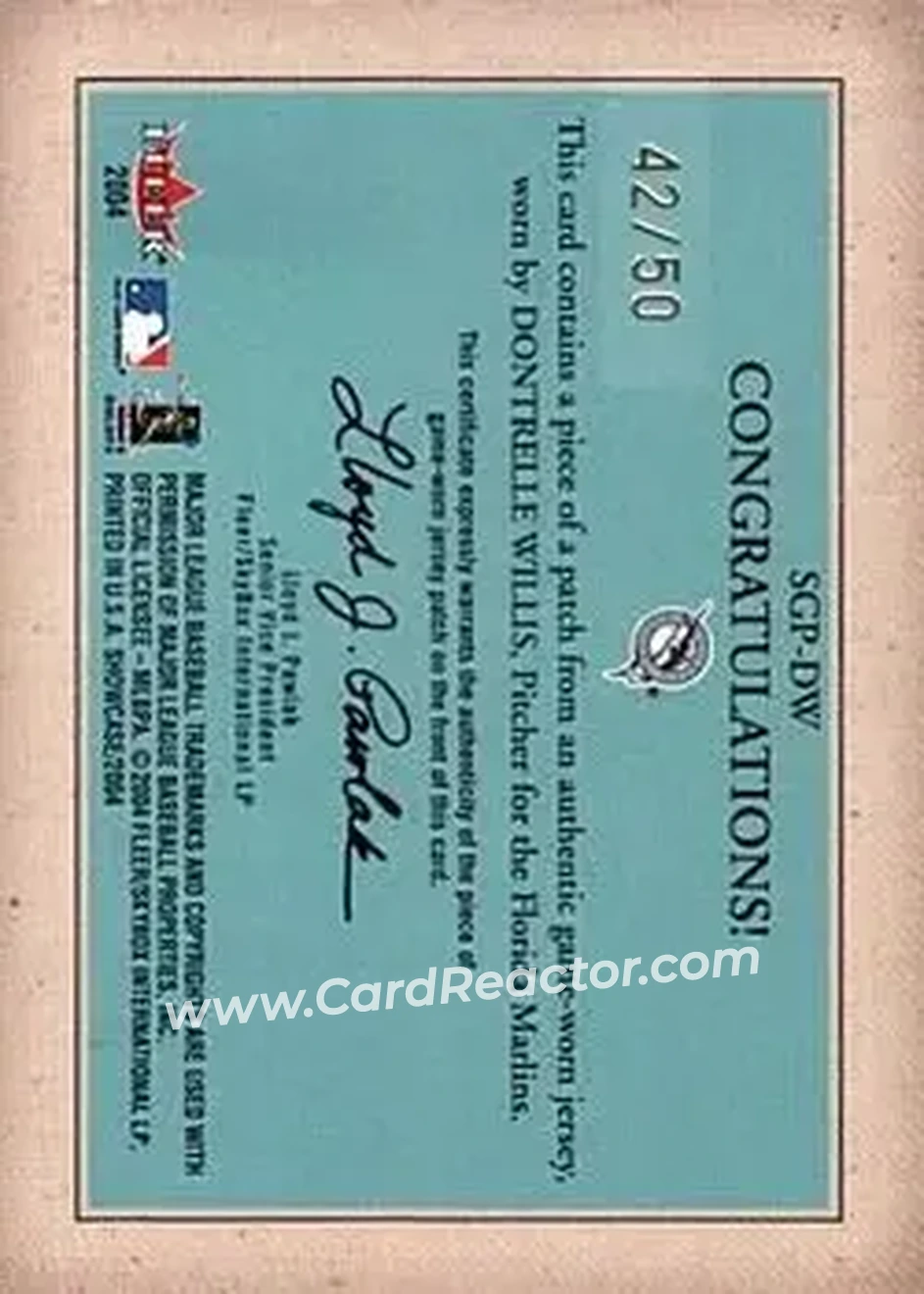 2004 Fleer Showcase - Showcase Grace Game-Worn #SG-DW - Dontrelle Willis - Florida Marlins - Back 2004 Fleer Showcase - Showcase Grace Game-Worn #SG-DW - Dontrelle Willis - Florida Marlins - Back