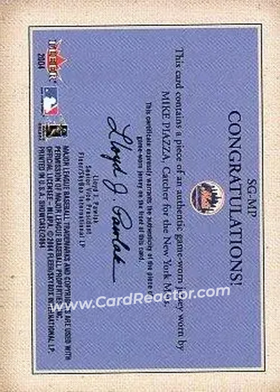 2004 Fleer Showcase - Showcase Grace Game-Worn #SG-MP - Mike Piazza - New York Mets - Back