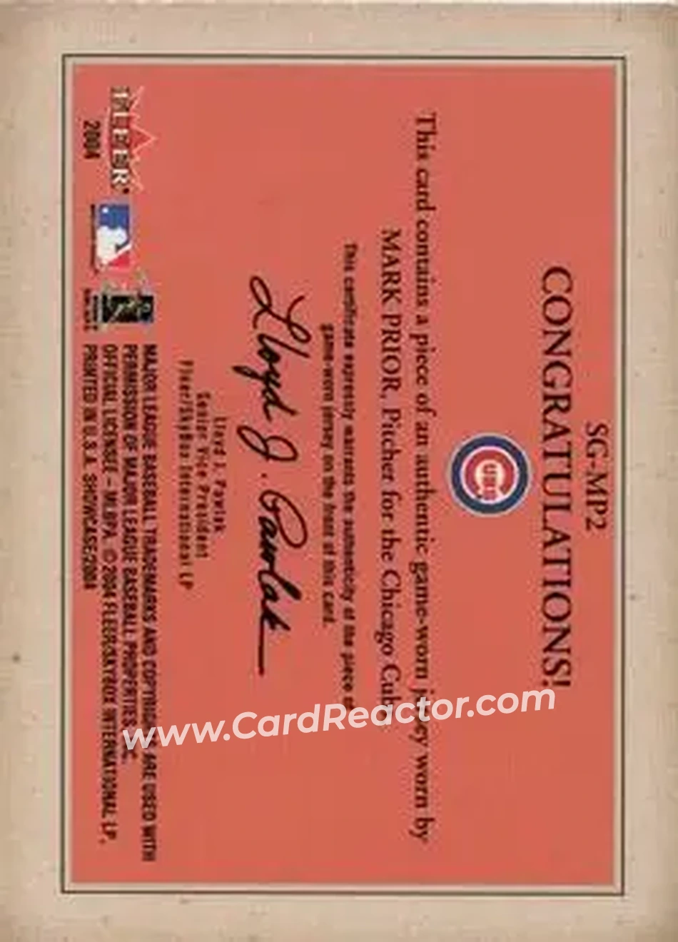 2004 Fleer Showcase - Showcase Grace Game-Worn #SG-MP2 - Mark Prior - Chicago Cubs - Back 2004 Fleer Showcase - Showcase Grace Game-Worn #SG-MP2 - Mark Prior - Chicago Cubs - Back