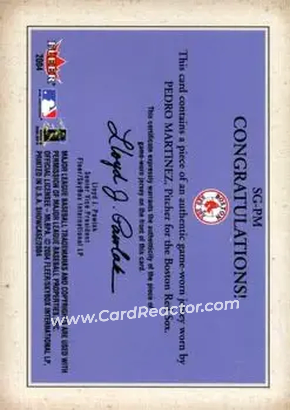 2004 Fleer Showcase - Showcase Grace Game-Worn #SG-PM - Pedro Martinez - Boston Red Sox - Back