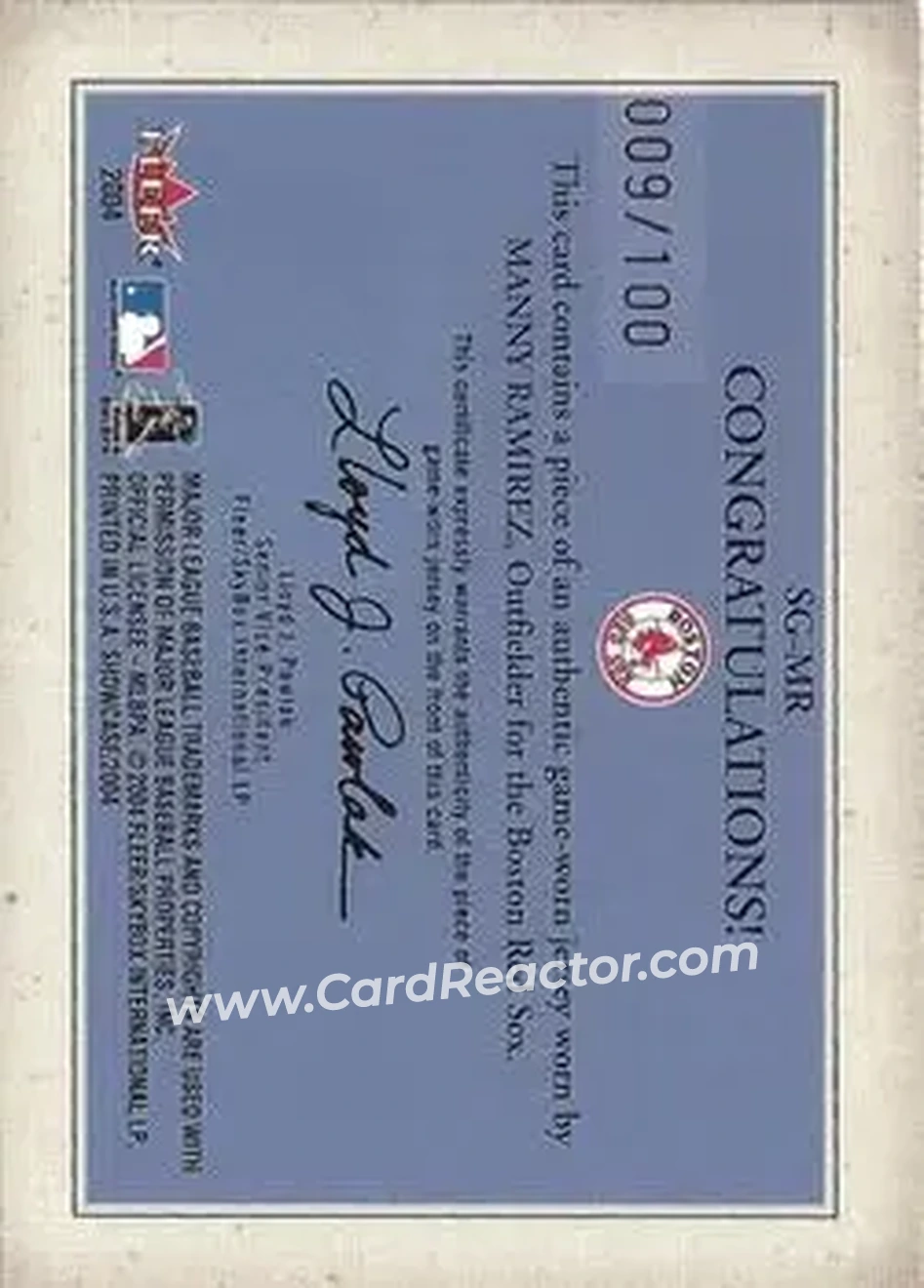 2004 Fleer Showcase - Showcase Grace Game-Worn Gold #SG-MR - Manny Ramirez - Boston Red Sox - Back