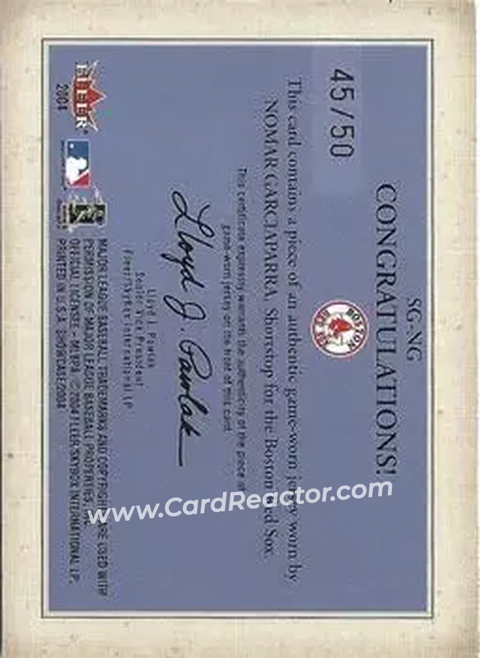 2004 Fleer Showcase - Showcase Grace Game-Worn Gold #SG-NG - Nomar Garciaparra - Boston Red Sox - Back