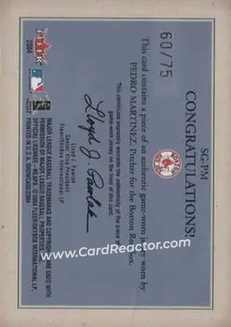2004 Fleer Showcase - Showcase Grace Game-Worn Gold #SG-PM - Pedro Martinez - Boston Red Sox - Back