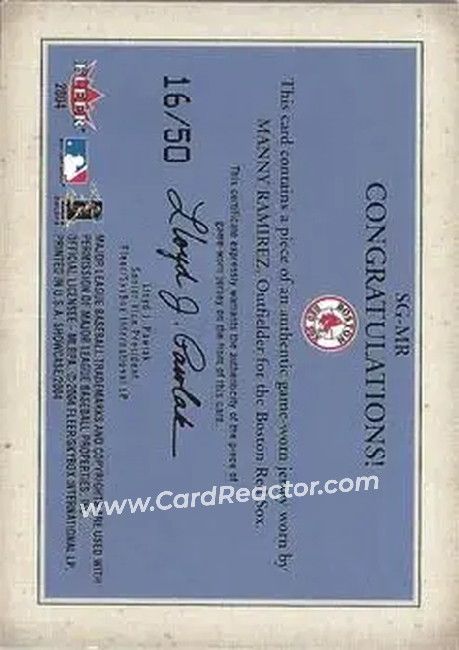 2004 Fleer Showcase - Showcase Grace Game-Worn Reward #SG-MR - Manny Ramirez - Boston Red Sox - Back