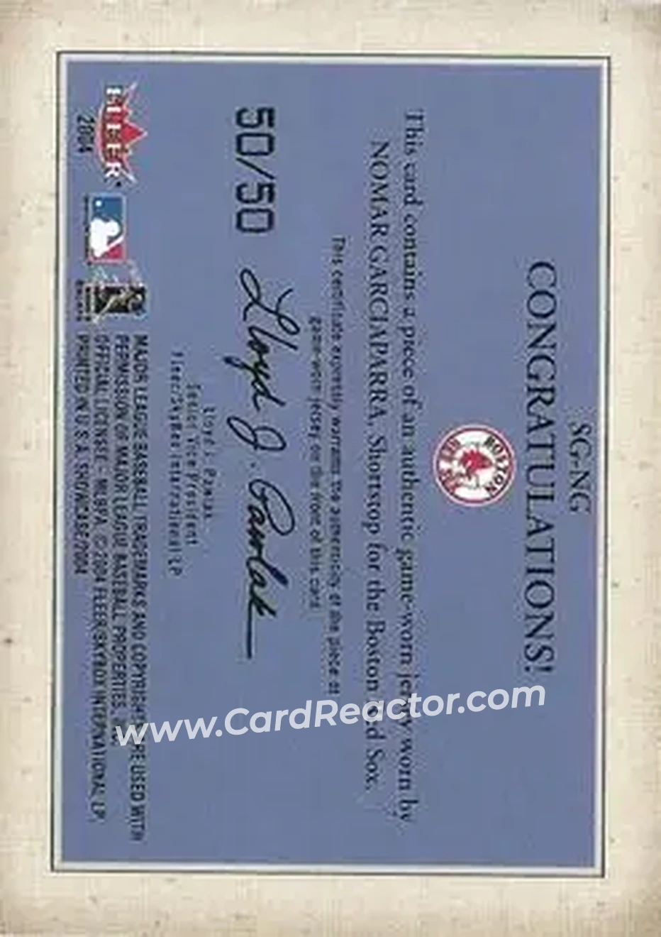 2004 Fleer Showcase - Showcase Grace Game-Worn Reward #SG-NG - Nomar Garciaparra - Boston Red Sox - Back 2004 Fleer Showcase - Showcase Grace Game-Worn Reward #SG-NG - Nomar Garciaparra - Boston Red Sox - Back