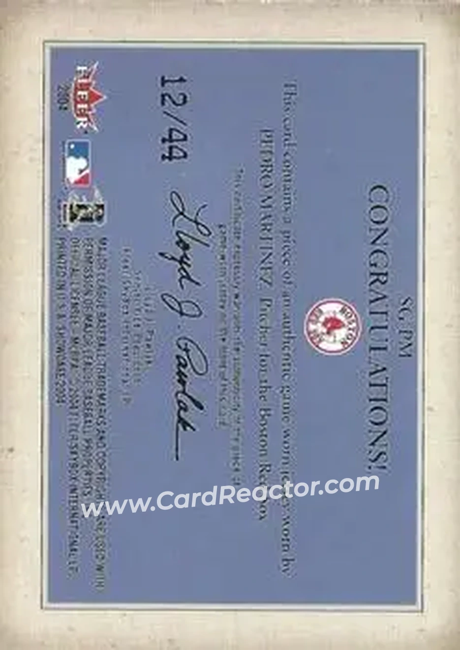 2004 Fleer Showcase - Showcase Grace Game-Worn Reward #SG-PM - Pedro Martinez - Boston Red Sox - Back