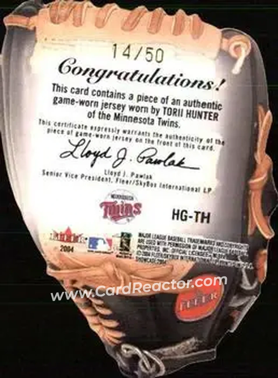 2004 Fleer Showcase - Hot Gloves Game-Worn #HG-TH - Torii Hunter - Minnesota Twins - Back