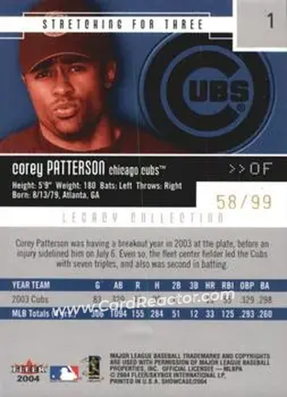 2004 Fleer Showcase - Legacy Collection #1 - Corey Patterson - Chicago Cubs - Back