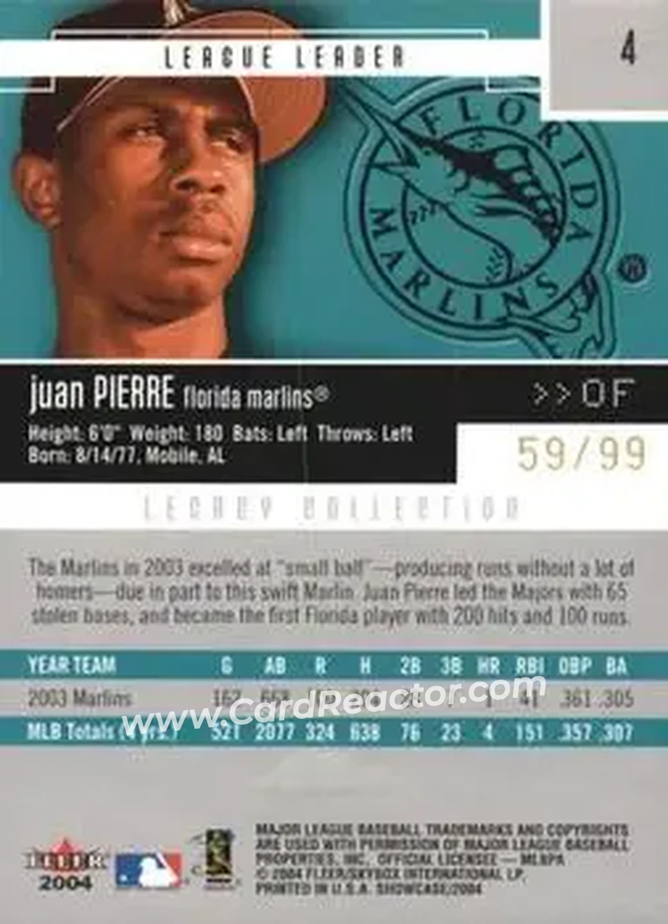 2004 Fleer Showcase - Legacy Collection #4 - Juan Pierre - Florida Marlins - Back