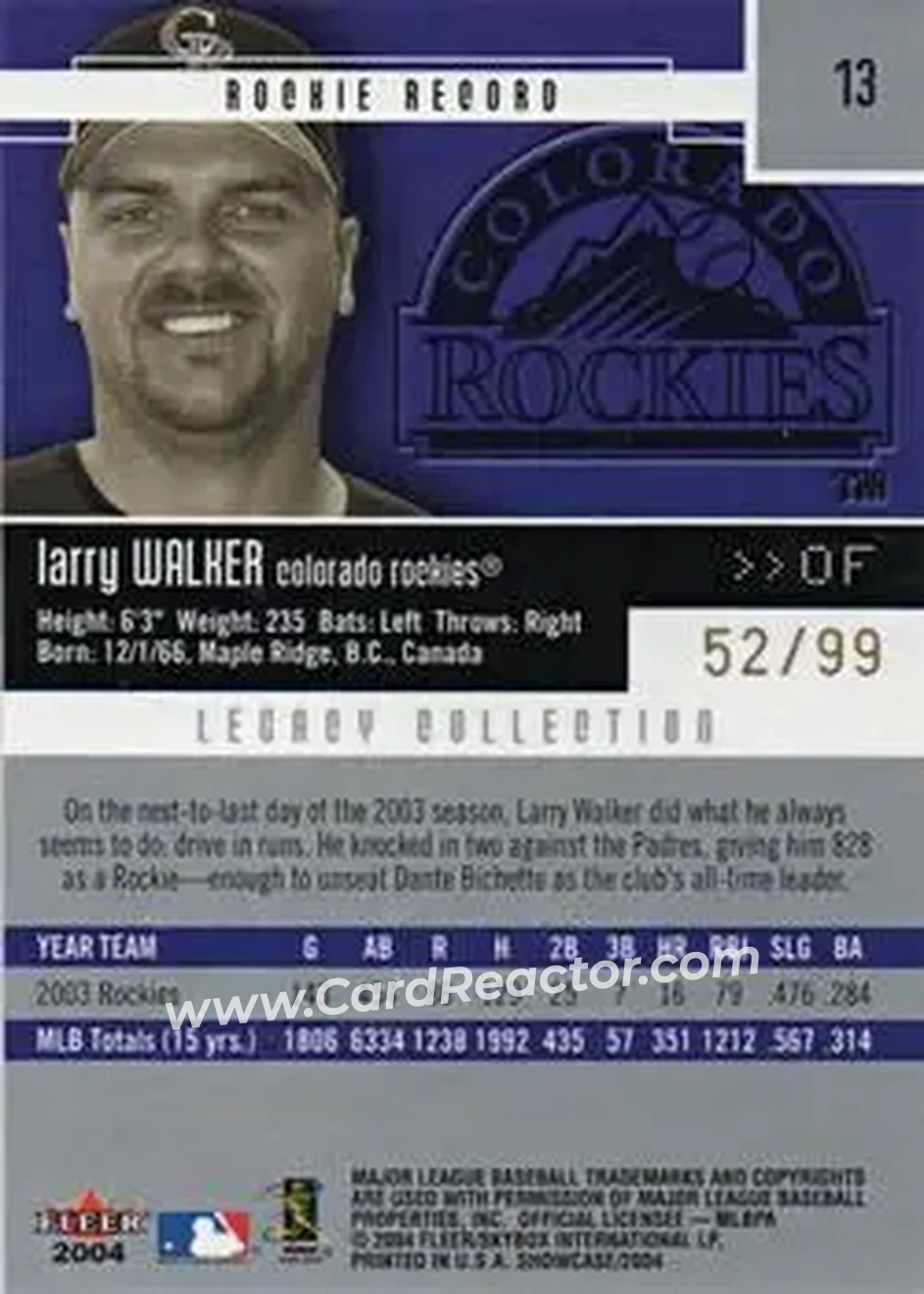 2004 Fleer Showcase - Legacy Collection #13 - Larry Walker - Colorado Rockies - Back