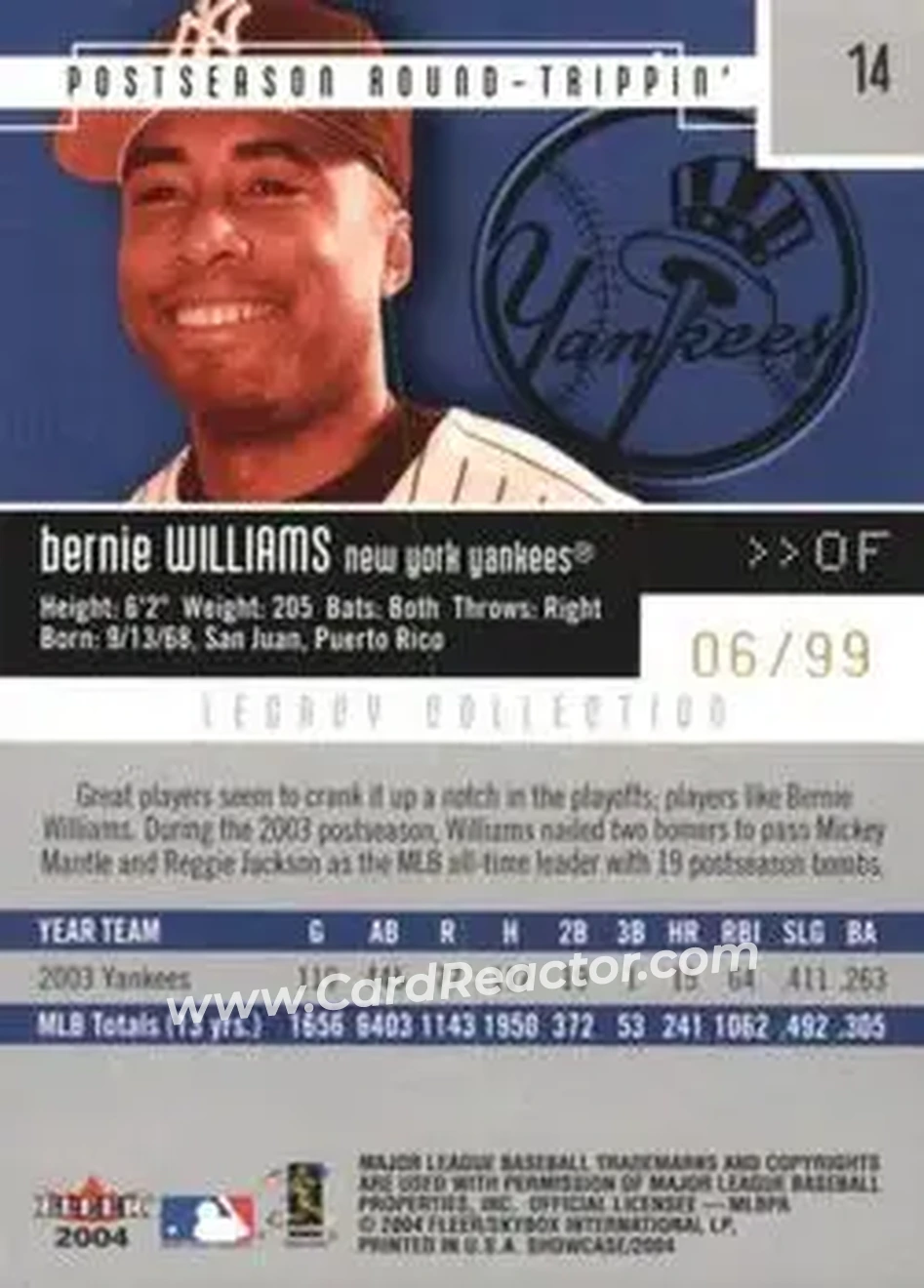2004 Fleer Showcase - Legacy Collection #14 - Bernie Williams - New York Yankees - Back