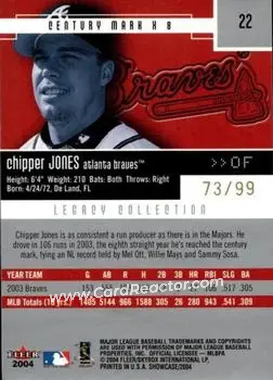 2004 Fleer Showcase - Legacy Collection #22 - Chipper Jones - Atlanta Braves - Back
