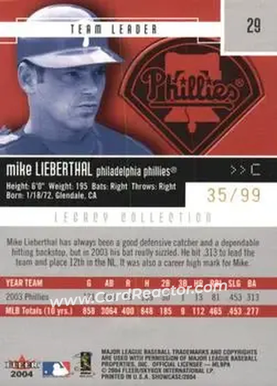 2004 Fleer Showcase - Legacy Collection #29 - Mike Lieberthal - Philadelphia Phillies - Back