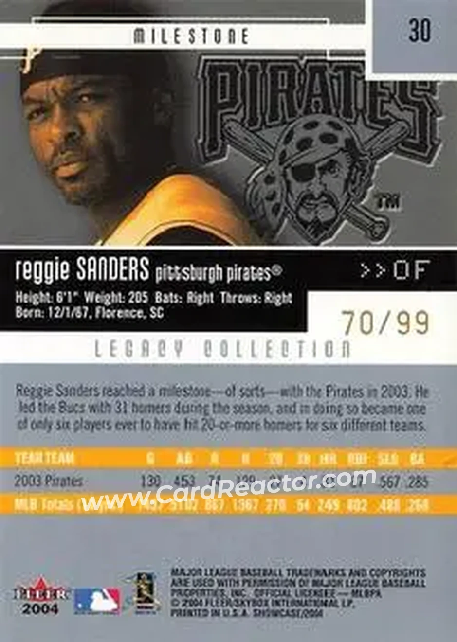 2004 Fleer Showcase - Legacy Collection #30 - Reggie Sanders - Pittsburgh Pirates - Back