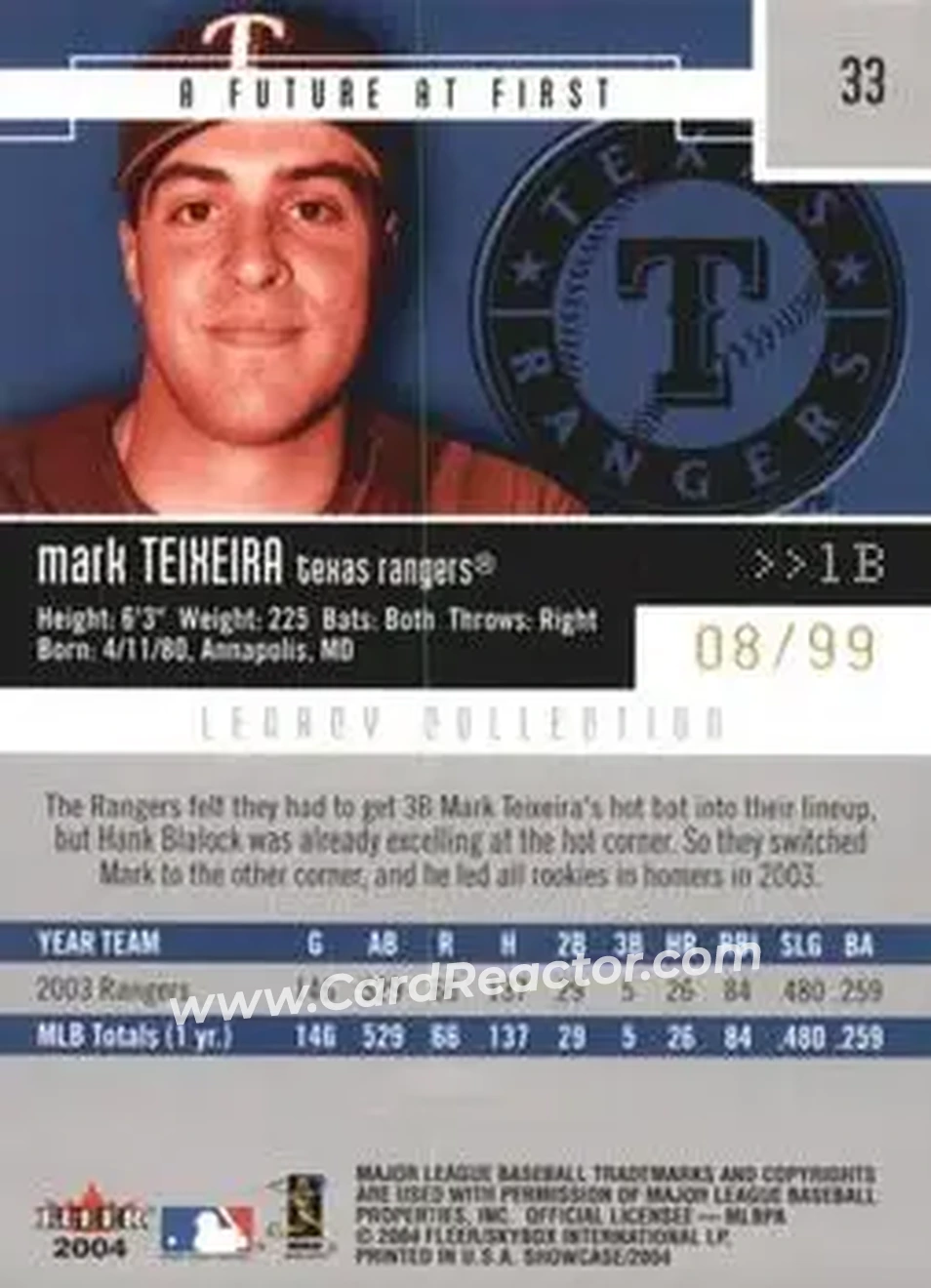 2004 Fleer Showcase - Legacy Collection #33 - Mark Teixeira - Texas Rangers - Back