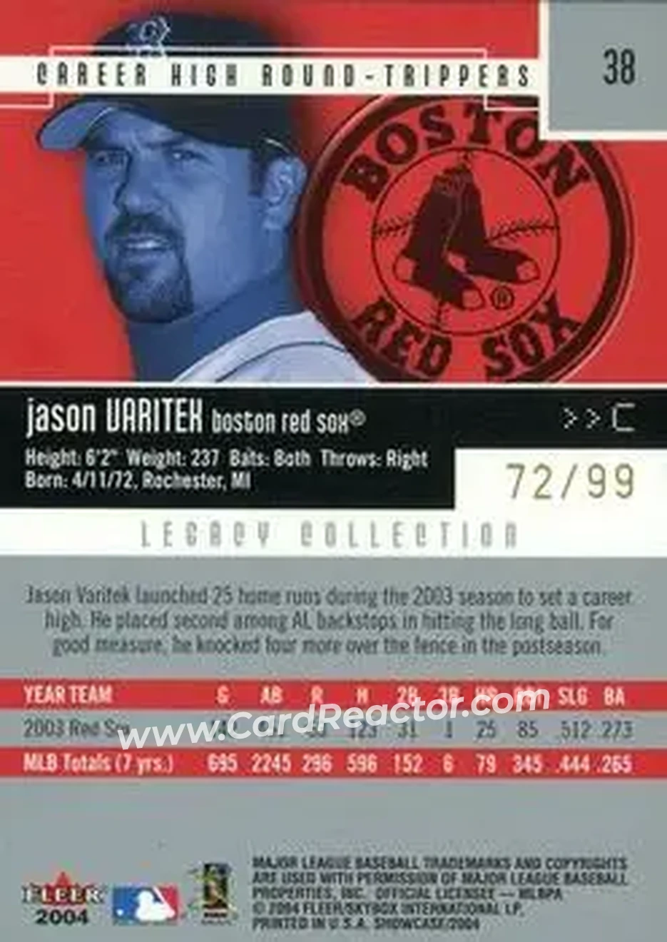 2004 Fleer Showcase - Legacy Collection #38 - Jason Varitek - Boston Red Sox - Back