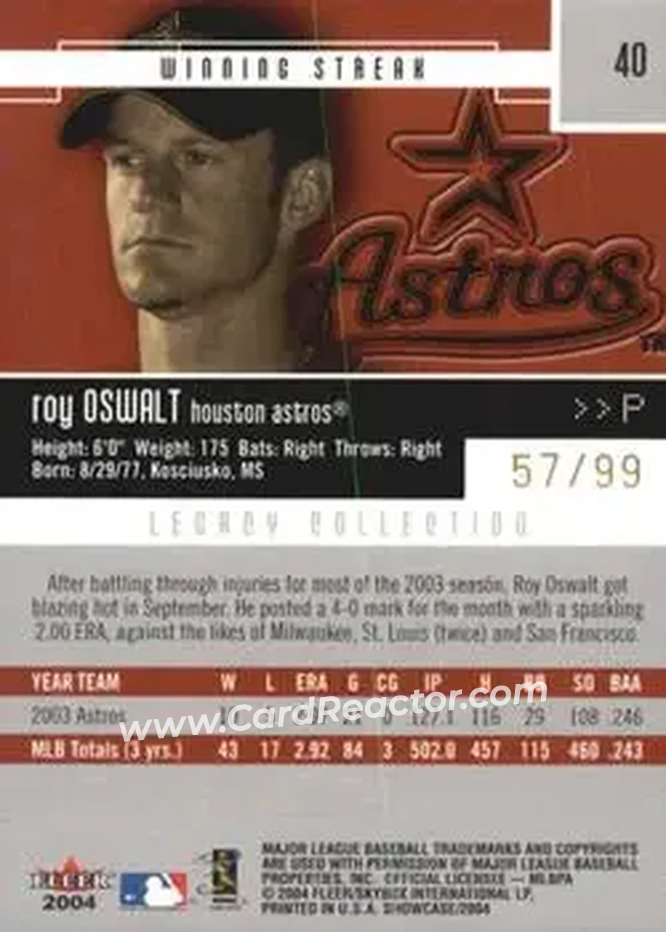2004 Fleer Showcase - Legacy Collection #40 - Roy Oswalt - Houston Astros - Back