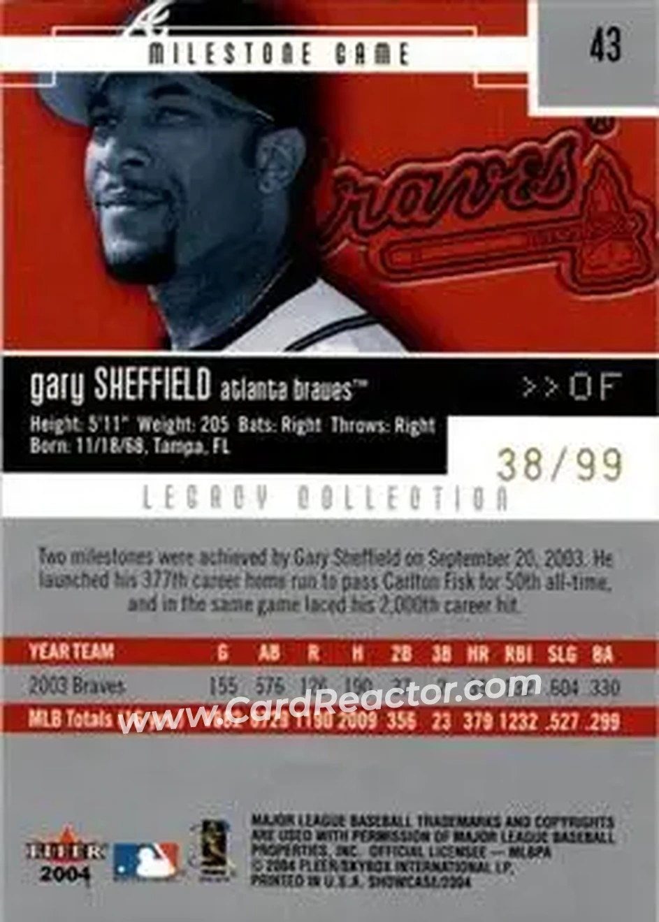 2004 Fleer Showcase - Legacy Collection #43 - Gary Sheffield - Atlanta Braves - Back