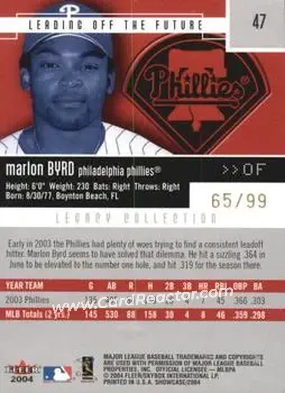 2004 Fleer Showcase - Legacy Collection #47 - Marlon Byrd - Philadelphia Phillies - Back