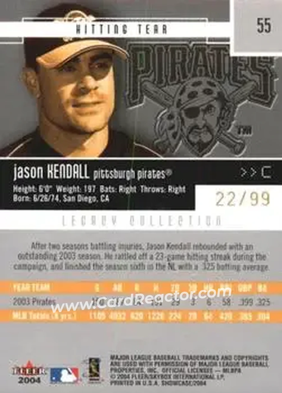 2004 Fleer Showcase - Legacy Collection #55 - Jason Kendall - Pittsburgh Pirates - Back