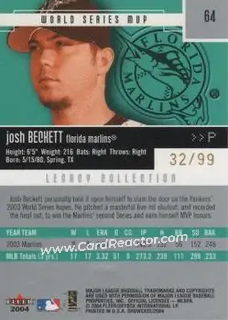 2004 Fleer Showcase - Legacy Collection #64 - Josh Beckett - Florida Marlins - Back