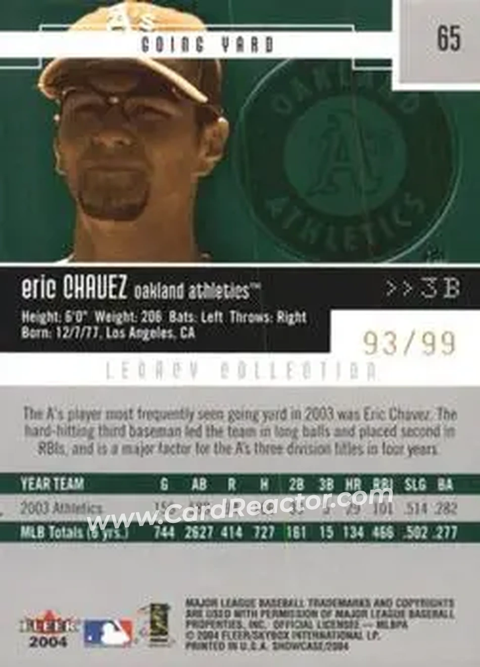 2004 Fleer Showcase - Legacy Collection #65 - Eric Chavez - Oakland Athletics - Back