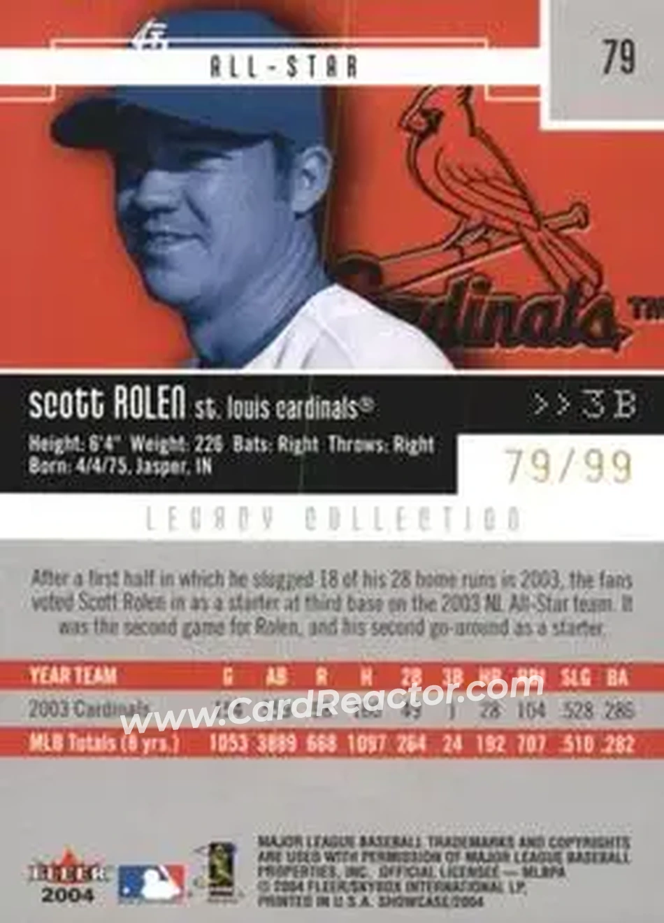 2004 Fleer Showcase - Legacy Collection #79 - Scott Rolen - St. Louis Cardinals - Back