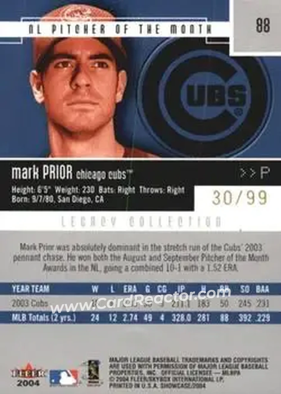 2004 Fleer Showcase - Legacy Collection #88 - Mark Prior - Chicago Cubs - Back