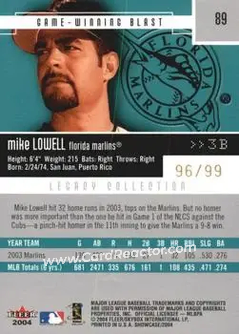 2004 Fleer Showcase - Legacy Collection #89 - Mike Lowell - Florida Marlins - Back