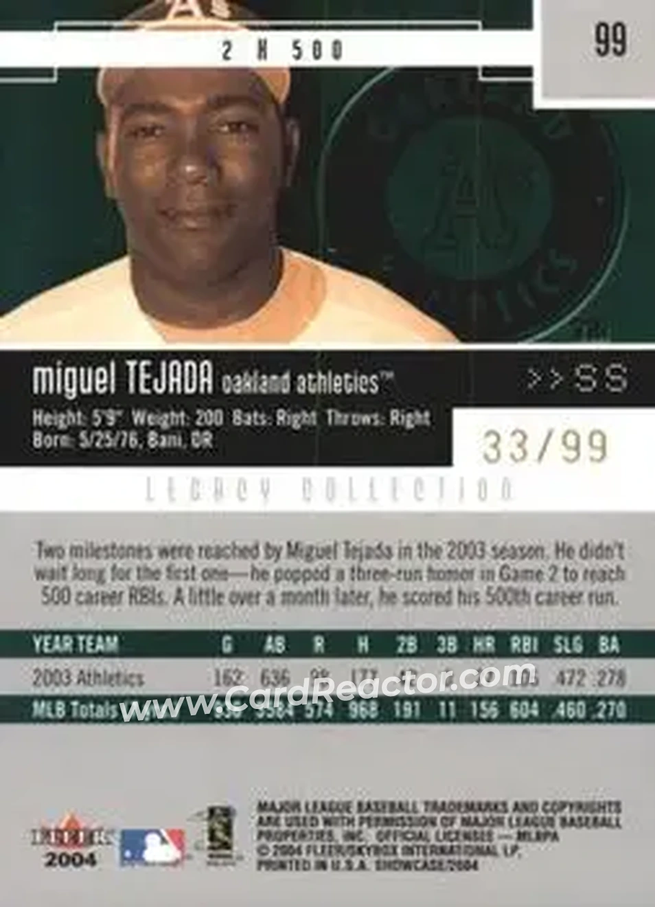 2004 Fleer Showcase - Legacy Collection #99 - Miguel Tejada - Oakland Athletics - Back