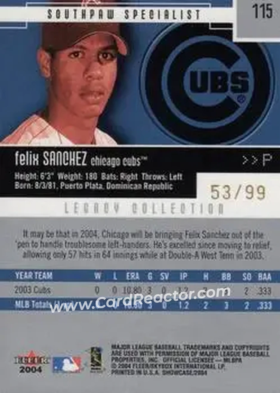 2004 Fleer Showcase - Legacy Collection #115 - Felix Sanchez - Chicago Cubs - Back