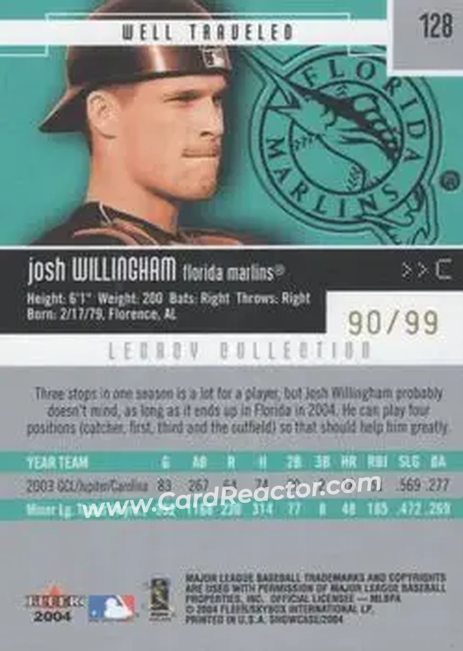 2004 Fleer Showcase - Legacy Collection #128 - Josh Willingham - Florida Marlins - Back