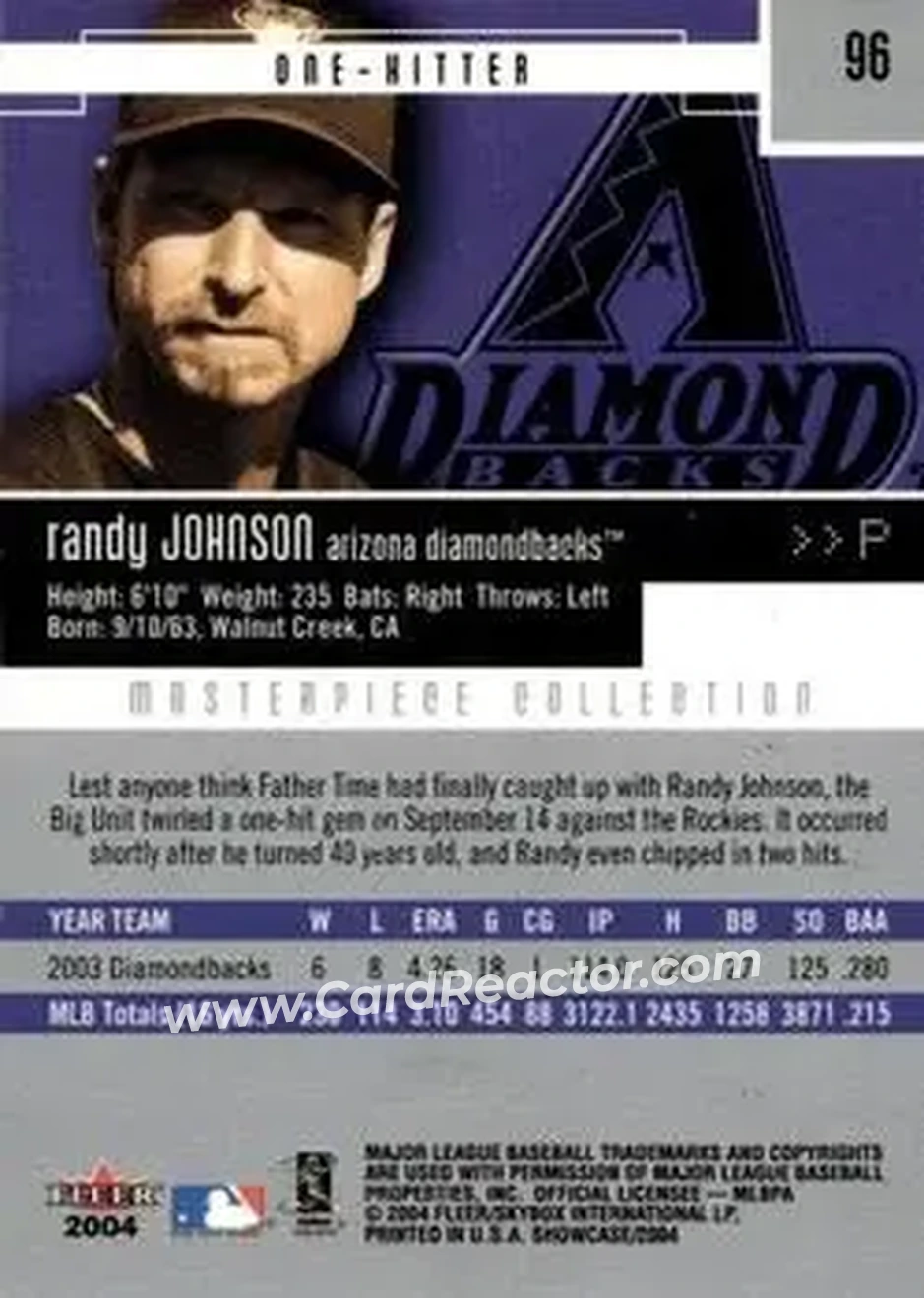 2004 Fleer Showcase - Masterpiece Collection #96 - Randy Johnson - Arizona Diamondbacks - Back