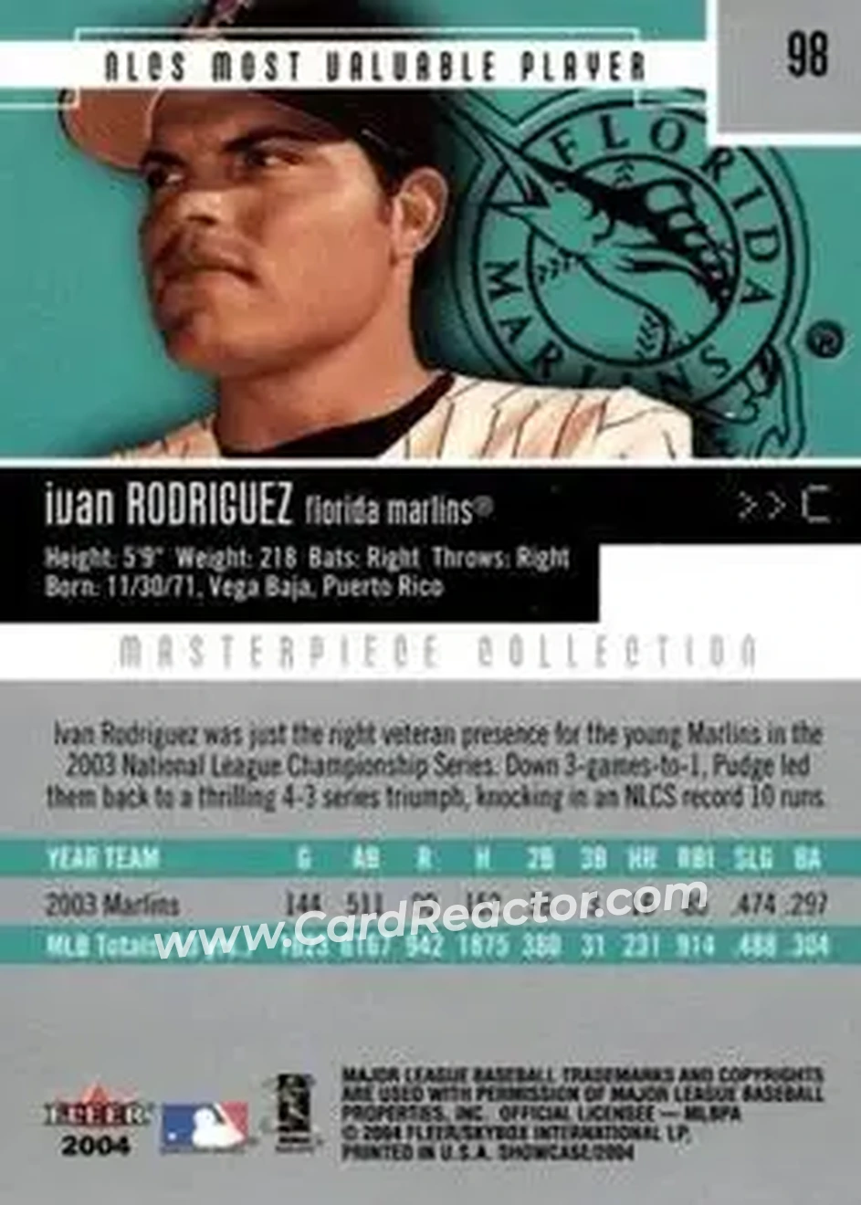 2004 Fleer Showcase - Masterpiece Collection #98 - Ivan Rodriguez - Florida Marlins - Back