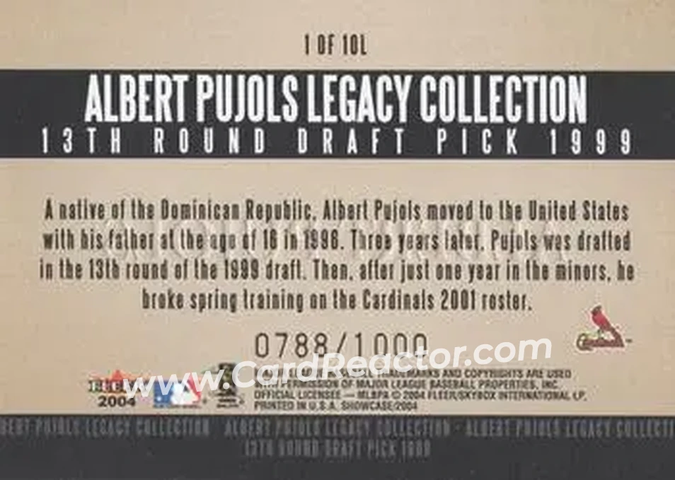 2004 Fleer Showcase - Pujols Legacy Collection #1L - Albert Pujols - St. Louis Cardinals - Back
