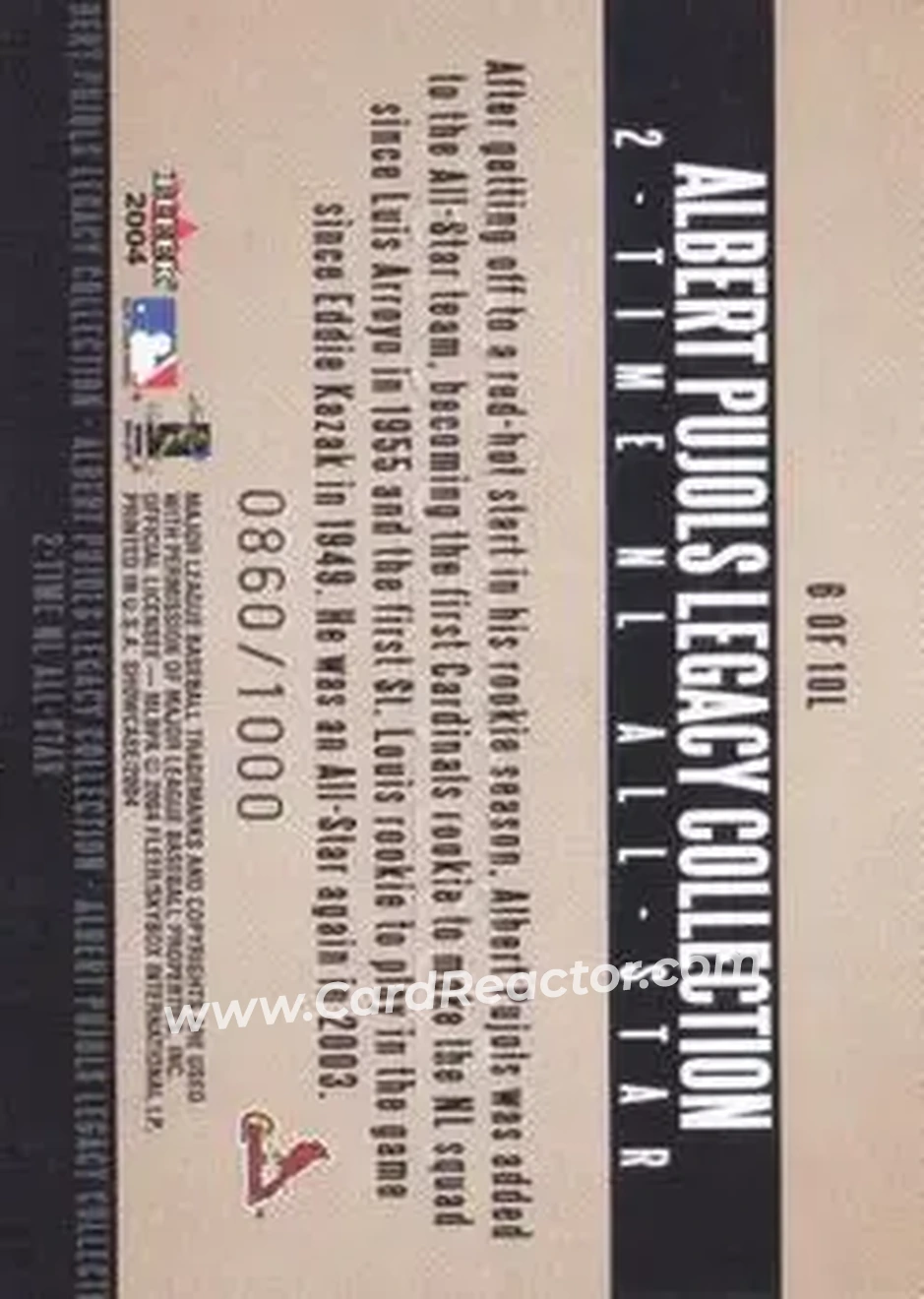 2004 Fleer Showcase - Pujols Legacy Collection #6L - Albert Pujols - St. Louis Cardinals - Back