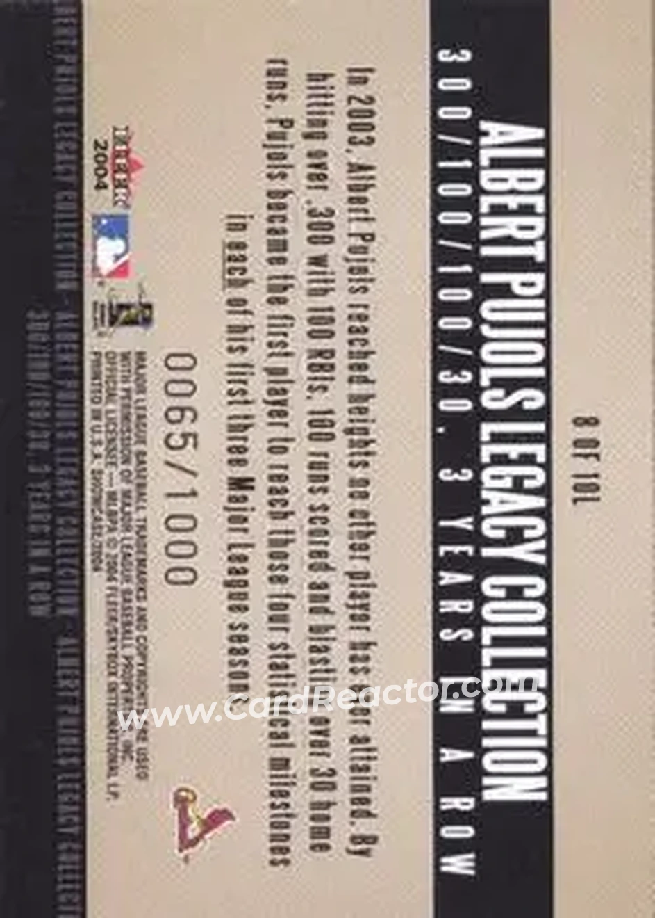 2004 Fleer Showcase - Pujols Legacy Collection #8L - Albert Pujols - St. Louis Cardinals - Back
