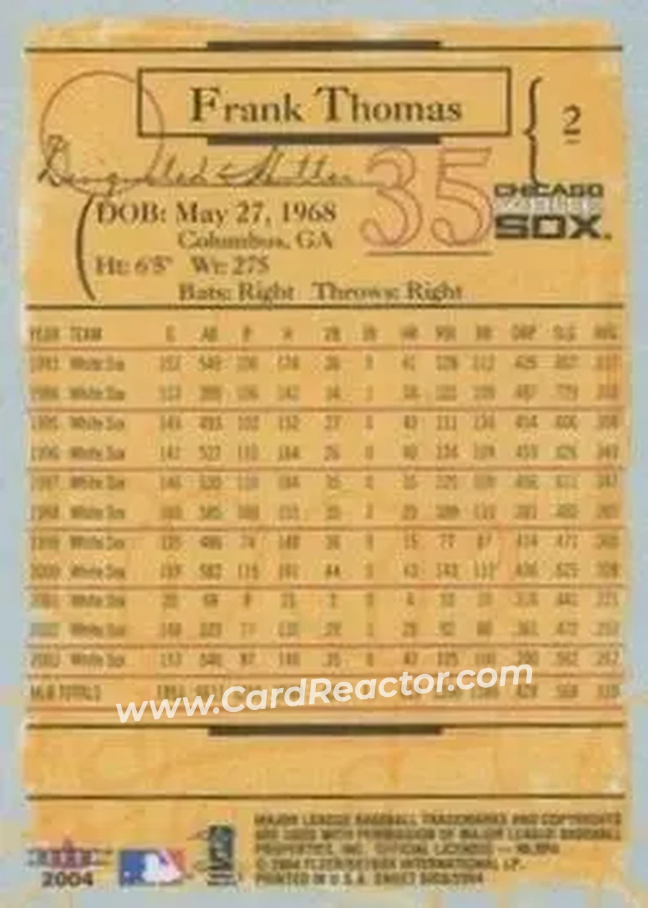 2004 Fleer Sweet Sigs #2 - Frank Thomas - Chicago White Sox - Back