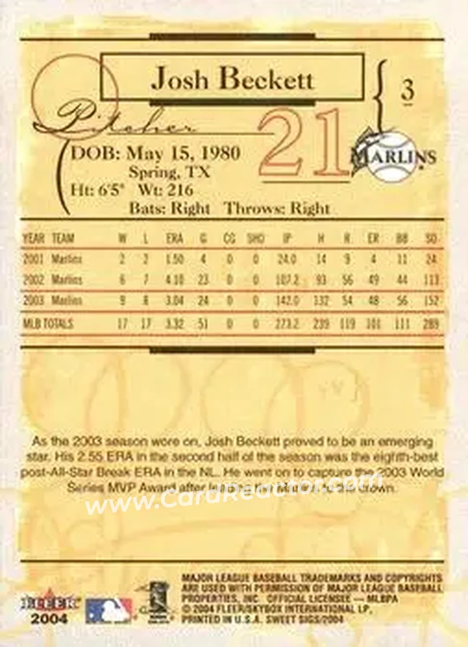 2004 Fleer Sweet Sigs #3 - Josh Beckett - Florida Marlins - Back 2004 Fleer Sweet Sigs #3 - Josh Beckett - Florida Marlins - Back