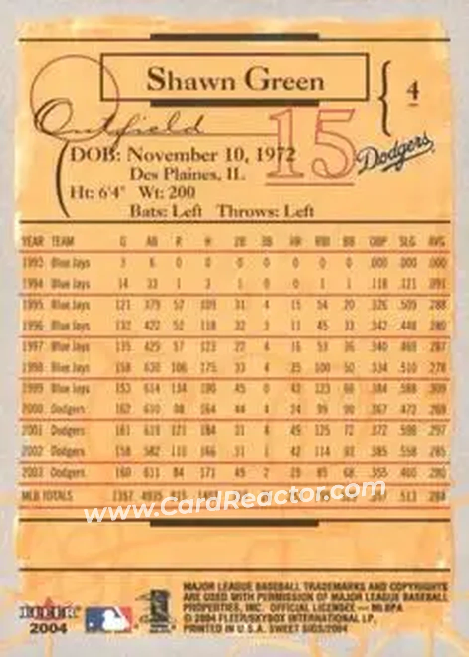 2004 Fleer Sweet Sigs #4 - Shawn Green - Los Angeles Dodgers - Back