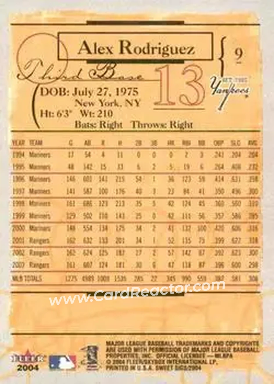 2004 Fleer Sweet Sigs #9 - Alex Rodriguez - New York Yankees - Back