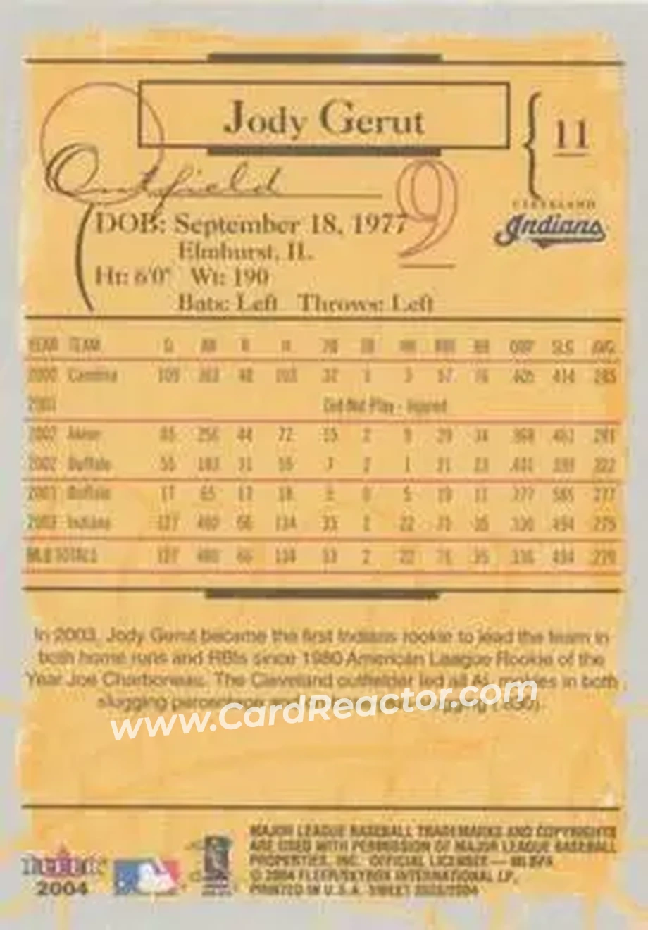 2004 Fleer Sweet Sigs #11 - Jody Gerut - Cleveland Indians - Back