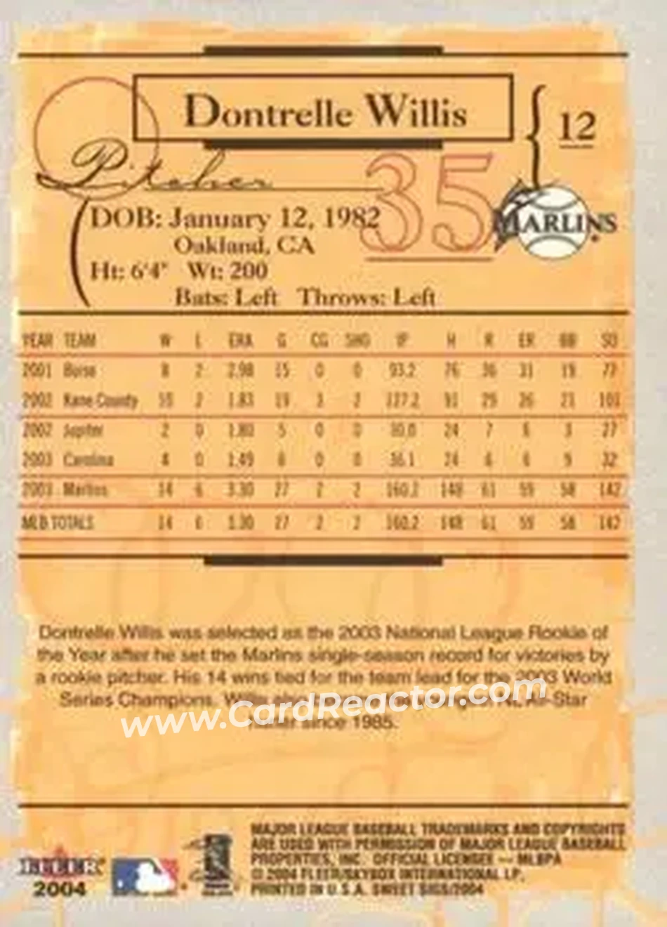 2004 Fleer Sweet Sigs #12 - Dontrelle Willis - Florida Marlins - Back