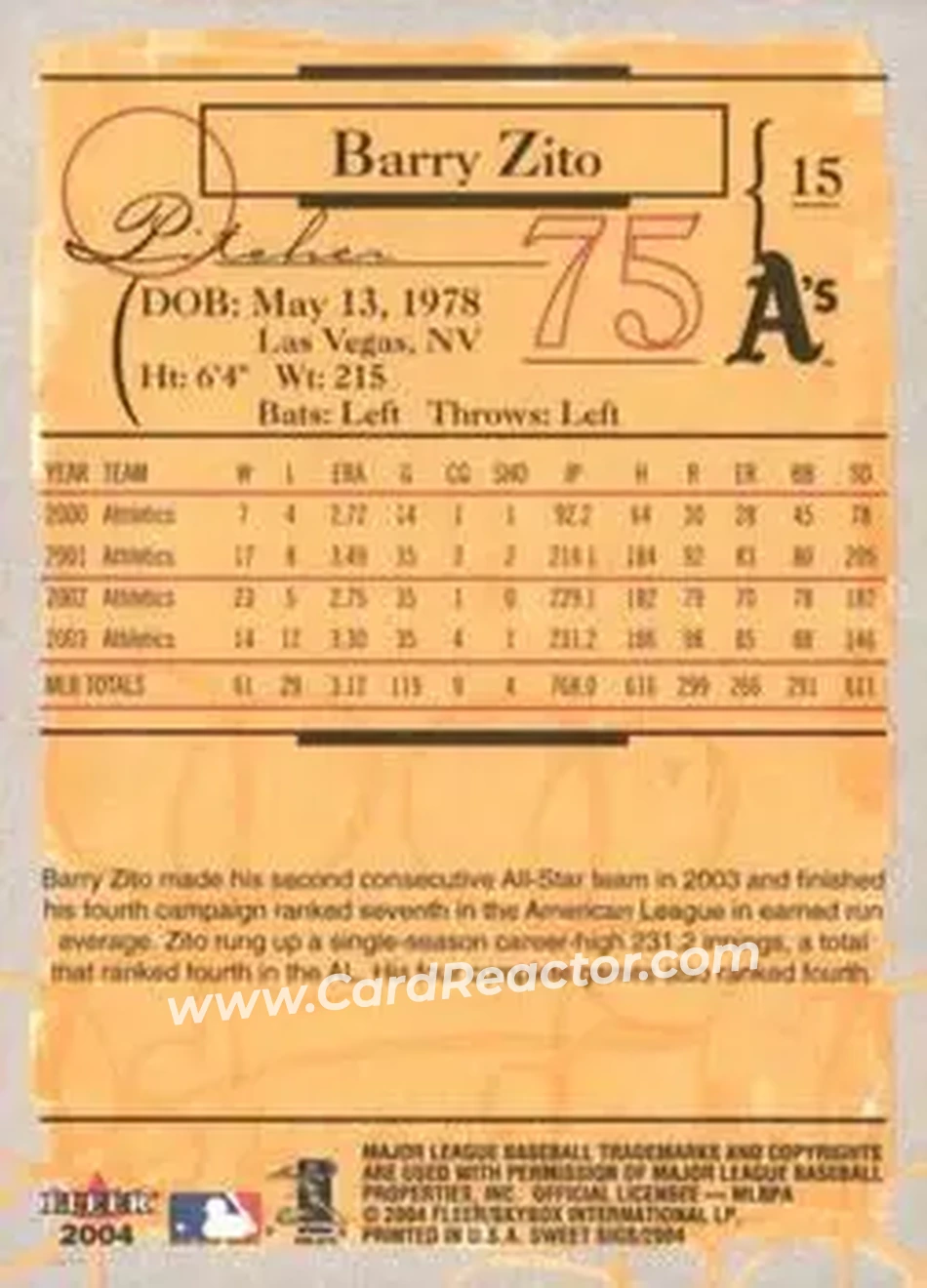 2004 Fleer Sweet Sigs #15 - Barry Zito - Oakland Athletics - Back 2004 Fleer Sweet Sigs #15 - Barry Zito - Oakland Athletics - Back